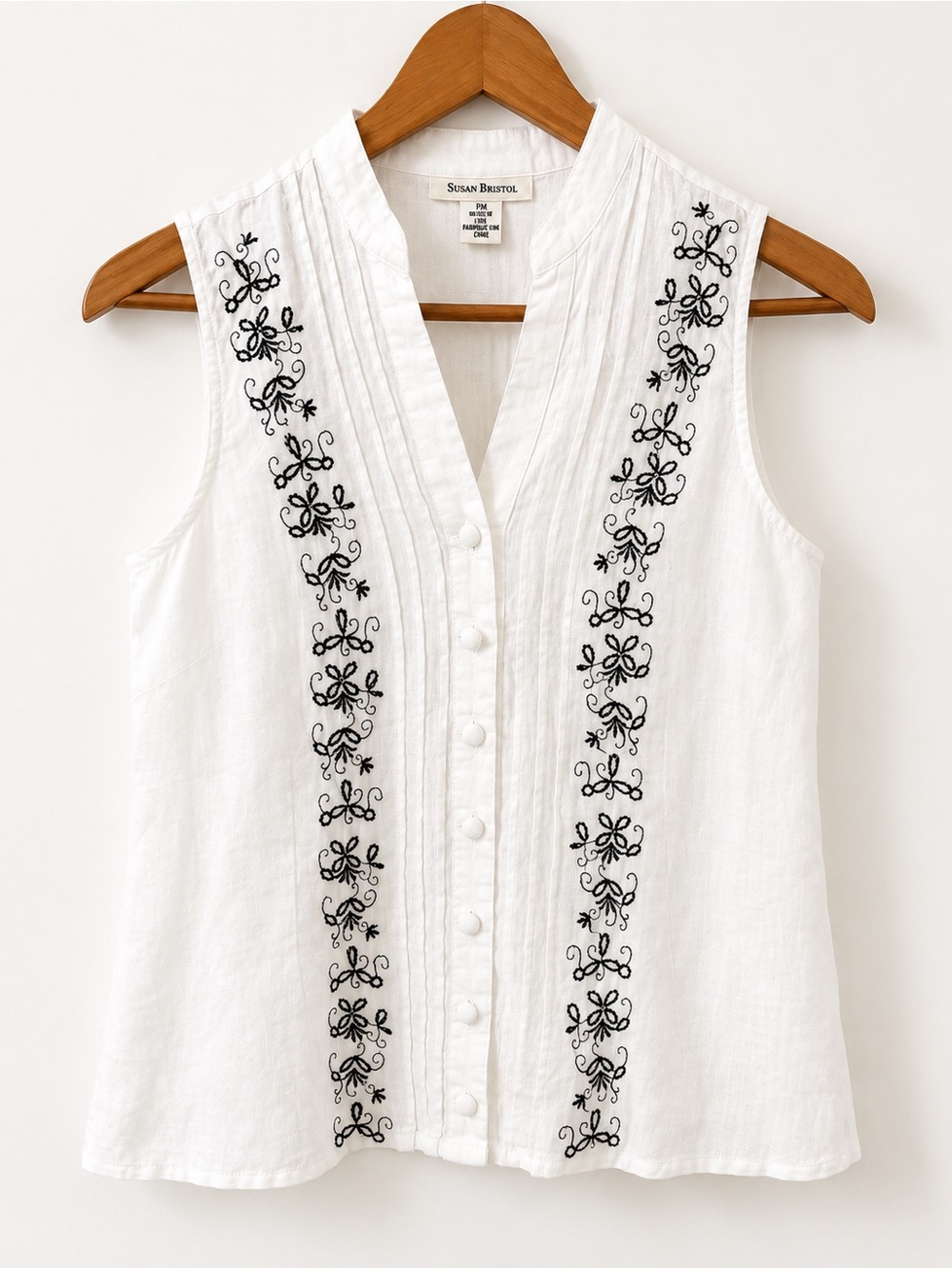 Linen Susan Bristol White Sleeveless V-Neck Embroidered Button Top